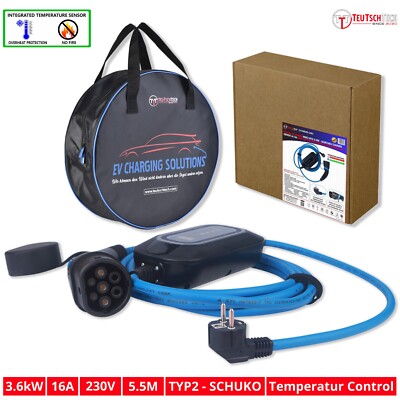 EV Charging Cable Wallbox Portable Schuko Plug 230V 3.6kW 16A Type2 Connector