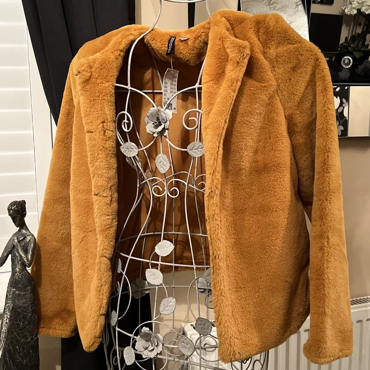 Long ochre faux fur coat deals
