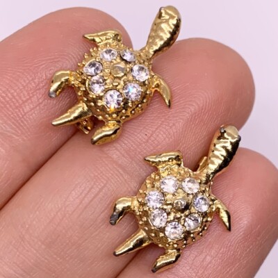VTG PAVE CRYSTAL TURTLE SCATTER PINS PAIR SET OF TWO GOLD FIGURAL 