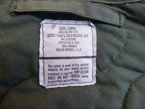 Valley Apparel Flight Jacket Cold Weather 45/P Fire Resistant 100% Aramid Size L - Picture 3 of 18