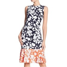 Eliza‎ J Dress Womens 0Navy Blue White Floral Midi Ruffled Hem Ruched Stretch