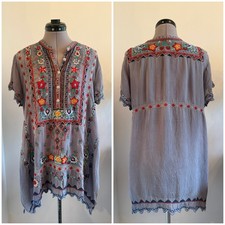 JOHNNY WAS Grey Floral Embroidered TUNIC TOP Cupra Rayon Boho Size Large