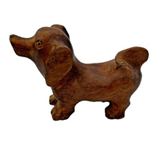 Vintage Hand Carved Wooden Dachshund Figurine Collectible Friendly Looking Up