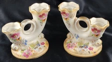 Vintage Abingdon USA Ceramic Lot of 2 Double Candlestick White MultiColor Flower