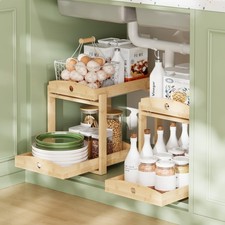 2 Pack Under Sink Organizer, Bamboo Wooden 2-Tier Pull-Out Storage with Slidi...