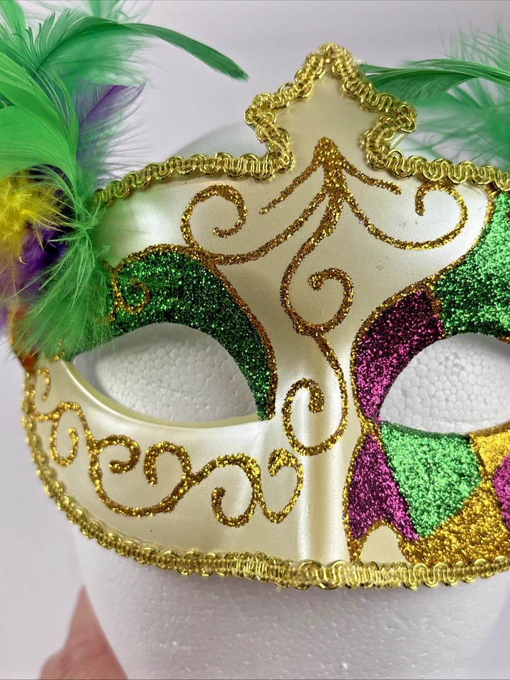 MARDI GRAS Masquerade Venetian Green, Purple, Gold, Jewels & Feather Womens Mask - Image 4 of 4