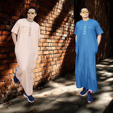 Moroccan Embroidered Jubba Khaki Men's Short Sleeve Thobe Islamic Muslim Arab