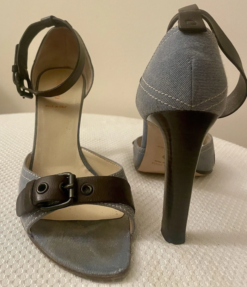 Tela de jean azul Miu Miu y cuero marrón oscuro con tacón de madera talla 40 Foto 2 de 4