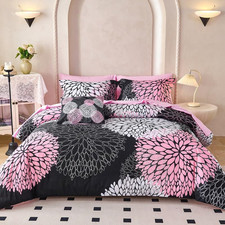 8-Piece Black and Pink Comforter Set Queen Size - Reversible Flower Floral Bed i