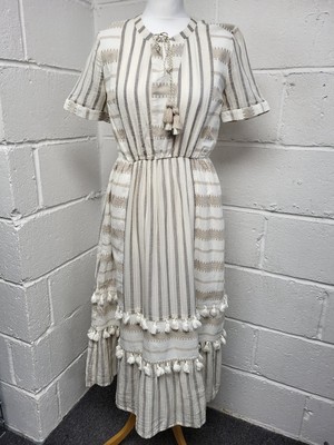 TU Cream/Beige Patterned Short Sleeve Midi Summer Dress Tassel Detail Size  10.PW | eBay