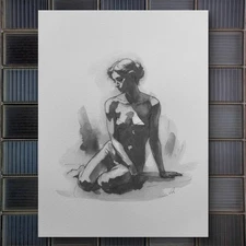 Original Classical Watercolor 8x10 Black And White Painting Nude Female Figure