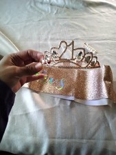 Gold Glitter 21st Birthday Tiara, Sash, Pearl Pin Set for Adults