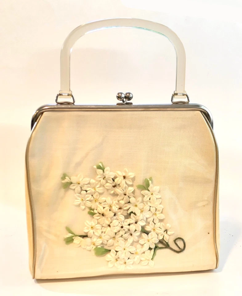Cartera de mano vintage años 50 flores bajo plástico transparente con asa Lucite Foto 2 de 4