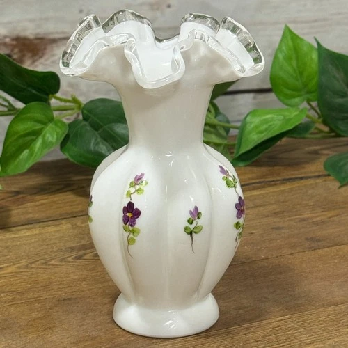 Fenton Violets in the Snow Melon Vase Hand Painted Silver Crest Ruffled Edge