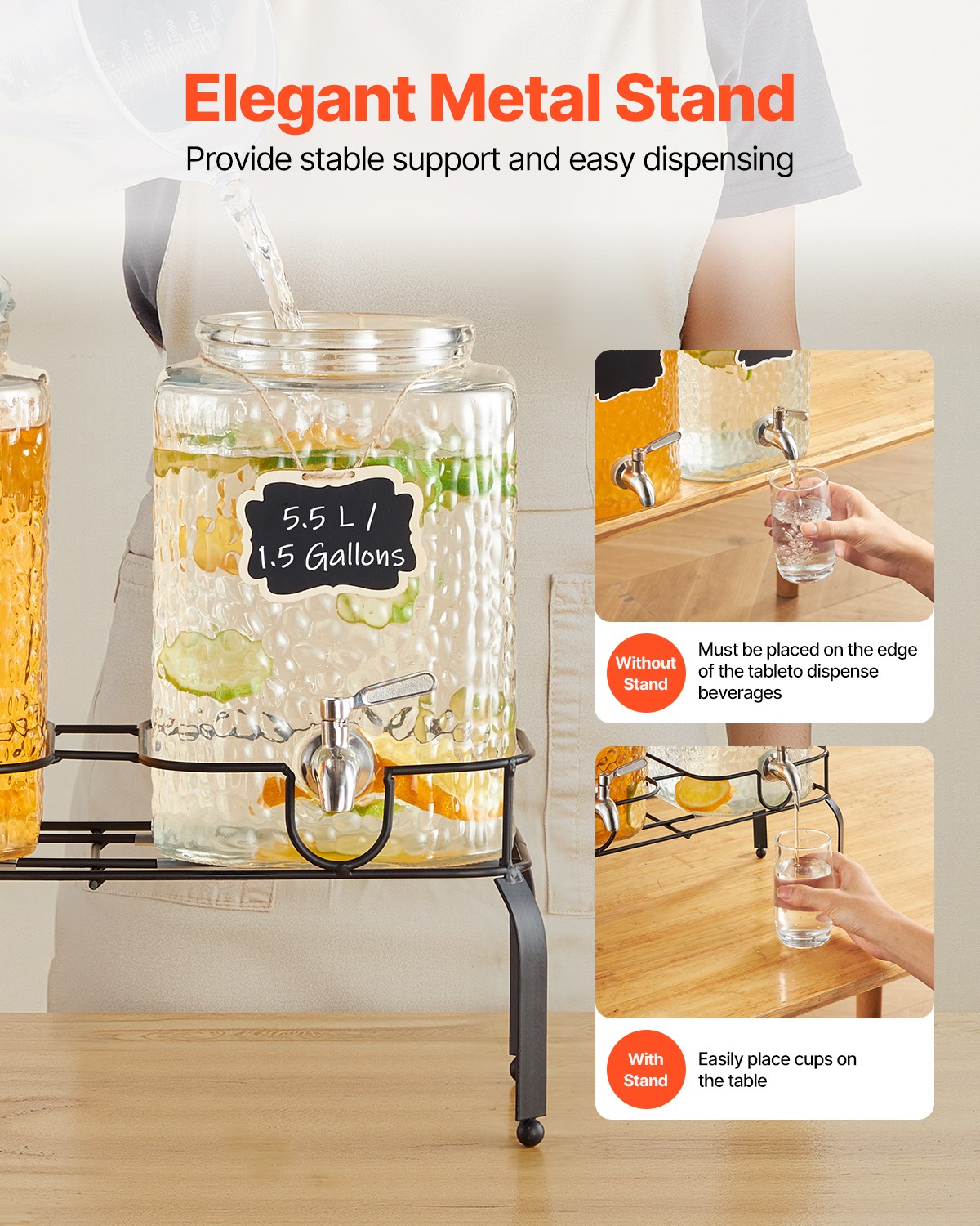 VEVOR Drink Dispenser 1.5 Gal Beverage Dispenser for Parties Glass Stand 2PCS