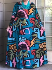 LAGENLOOK ARTSY BOHO KAFTAN LONG ABSTRACT PRINT VISCOSE DRESS WITH NECKLACE