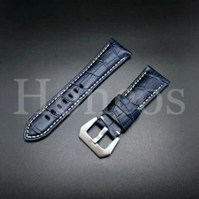 BIG 24MM GATOR LEATHER WATCH BAND PAM STRAP FITS FOR PANERAI GMT BLUE BUCKLE SIL