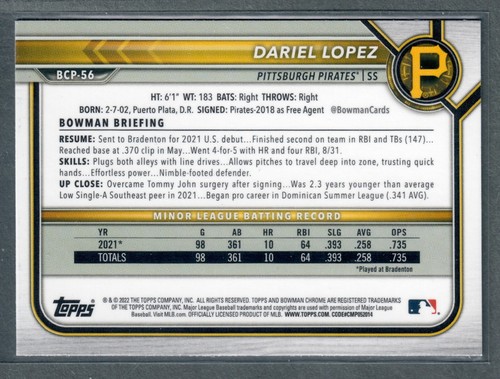 Bowman Cromo 2022 Dariel Lopez Mojo Rifrattore Pirati SP - Foto 2 di 2