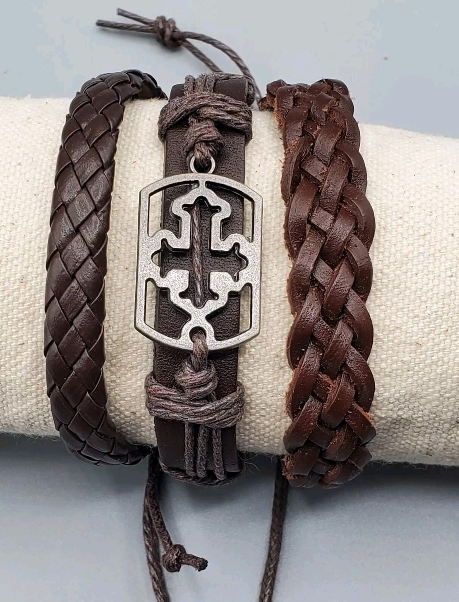 HIPPIE SET OF UNISEX BRACELETS CROSS METAL AND LEATHER BRAIDED