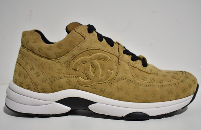 Chanel 22A Beige Suede Printed CC Logo White Flat Runner Trainer
