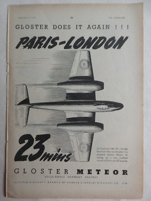 1/1947 PUB GLOSTER AIRCRAFT METEOR IV PARIS LONDON ROLLS DERWENT ENGINES AD