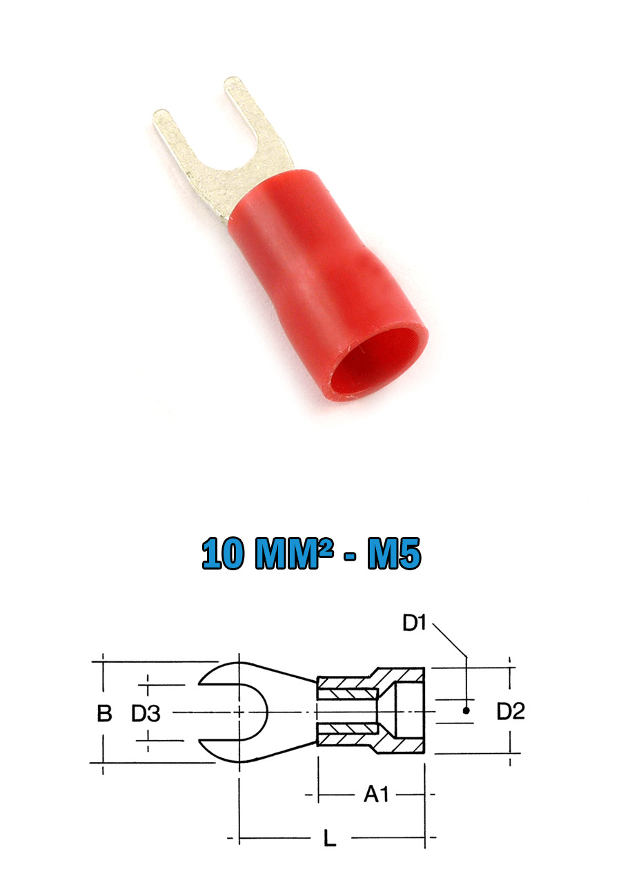Cosse fourche 10 mm² pour câble électrique souple, connecteur M5 CIMCO 180170 rouge