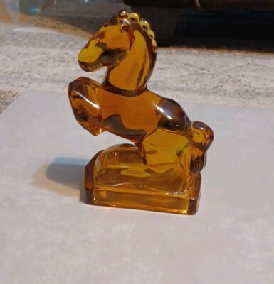 Excellent Vintage L.E. Smith Amber Glass Horse Bookend 8'' Mid Century Modern