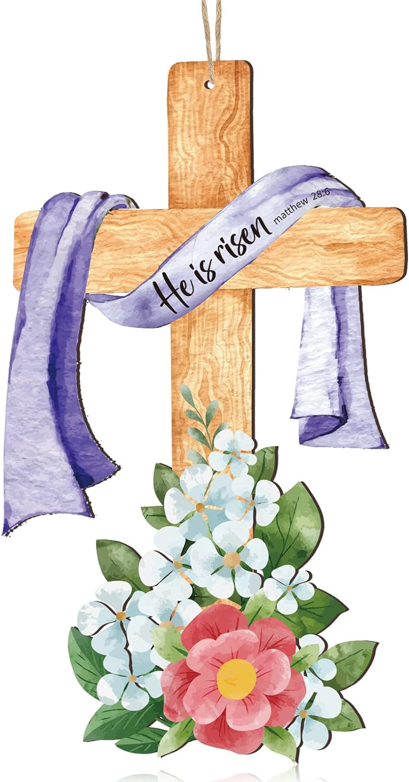 Targa Porta In Legno Religiosa 'He Is Risen' – Decorazioni Pasquali Con Croce, Fiori E Colomba – 33x27 Cm – Cartello Pendente Per Casa, Giardino E Festività - 4