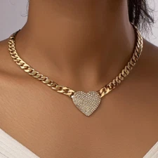 Women Necklace Heart Pendant 18K Gold Silver Plated Chunky Stainless Steel Chain