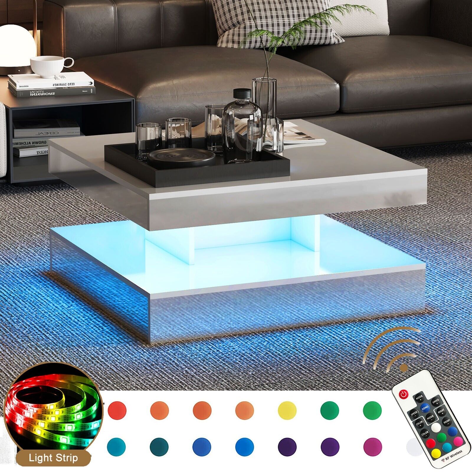 Wood Coffee Table with Storage - Modern Multipurpose Center Table for Living Room, Hidden Compartment, Convertible End Tables for Dining, Reception 25 Square LED Coffee Table with 16 Colours Lights Modern 2 Tiers Cocktail Table