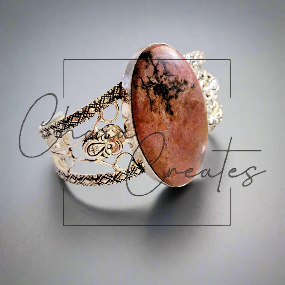 Brazalete brazalete brazalete de plata esterlina .925 piedra rodonita rosa regalos para ella Foto 3 de 4