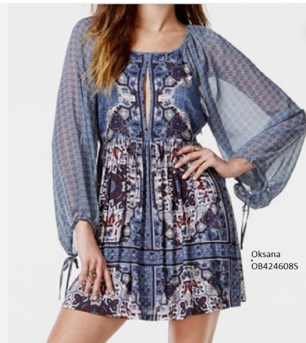 Free People Oksana Minikleid Gr. XS mit Taschen Boho Ballonärmel blau