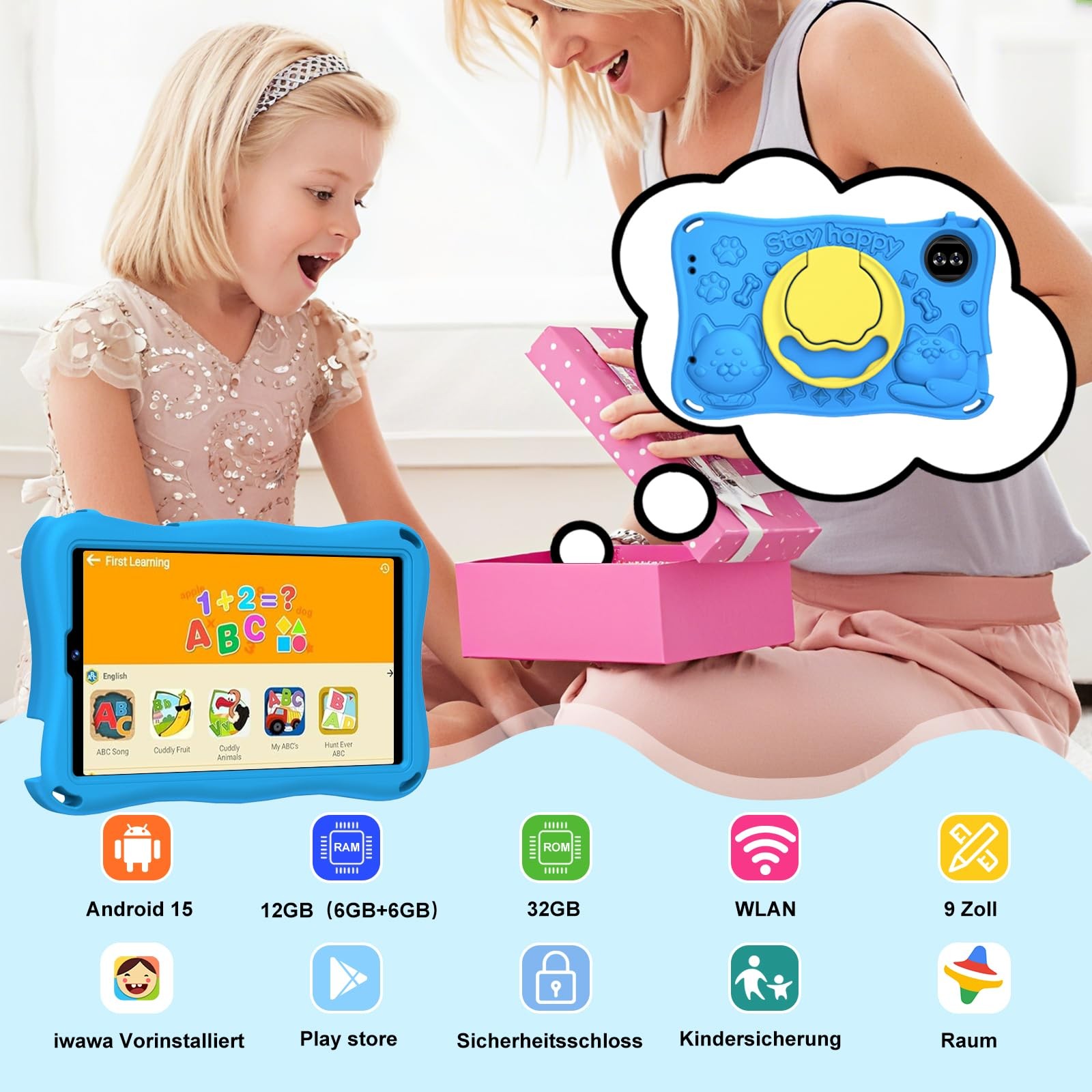 SUAAT Tablet per bambini da 9 pollici Android 15 con 12 GB RAM TF 1 TB 5G WiFi foto 2