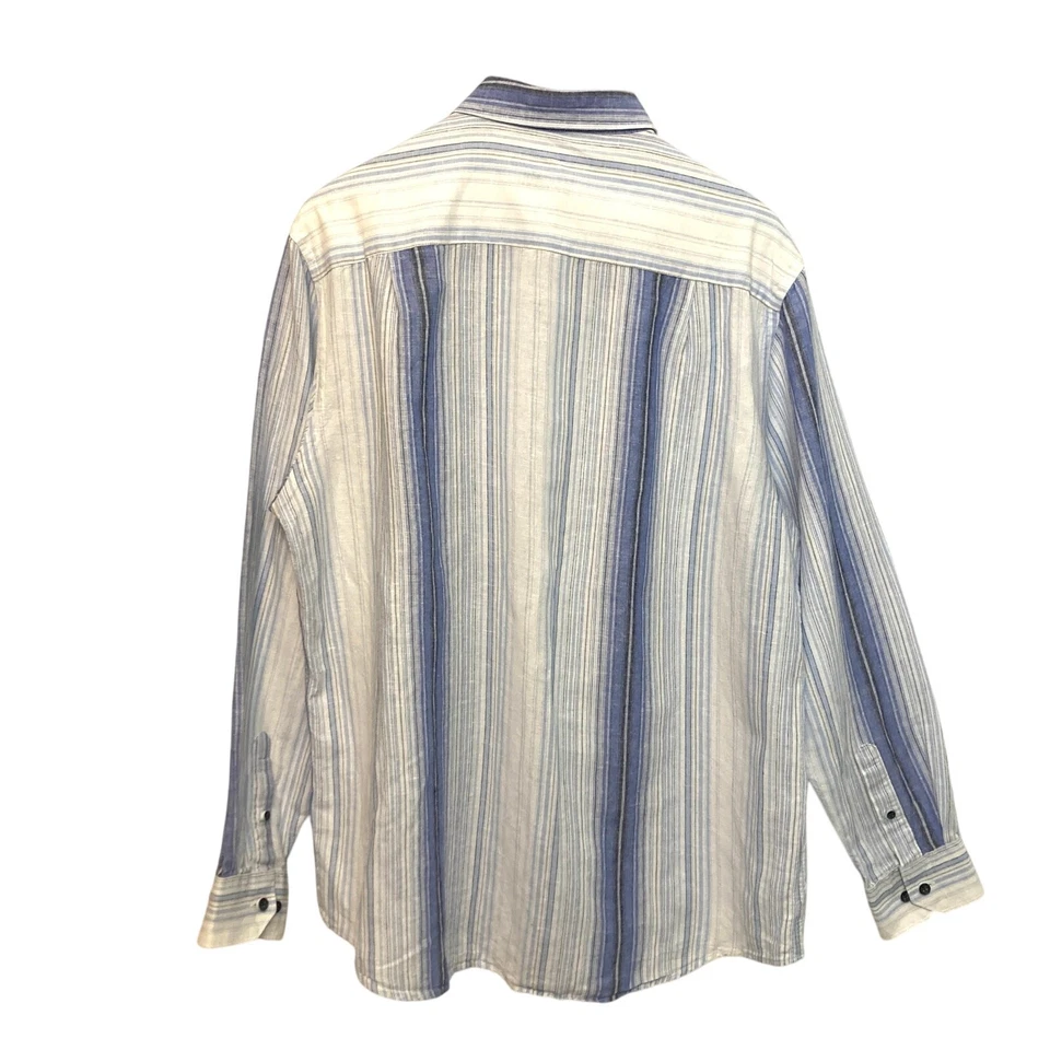 Camisa de vestir Tasso Elba de lino algodón azul blanco a rayas manga larga con botones Foto 2 de 4