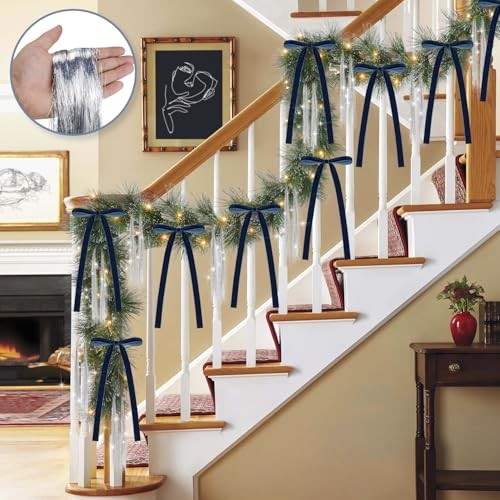 Set of 12 Pcs Vintage Velvet Bow and 3000 Strands Tinsel Icicles - 5.9" x Blue