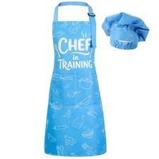 Kids Apron and Chef Hat Set Blue Adjustable 2 Pockets Chef in Training