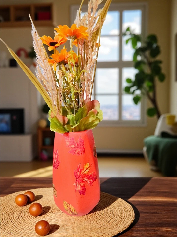 Small Cozy Orange Autumn Leaves Ceramic Flower Vase, Fall Decor - Image 4 of 4