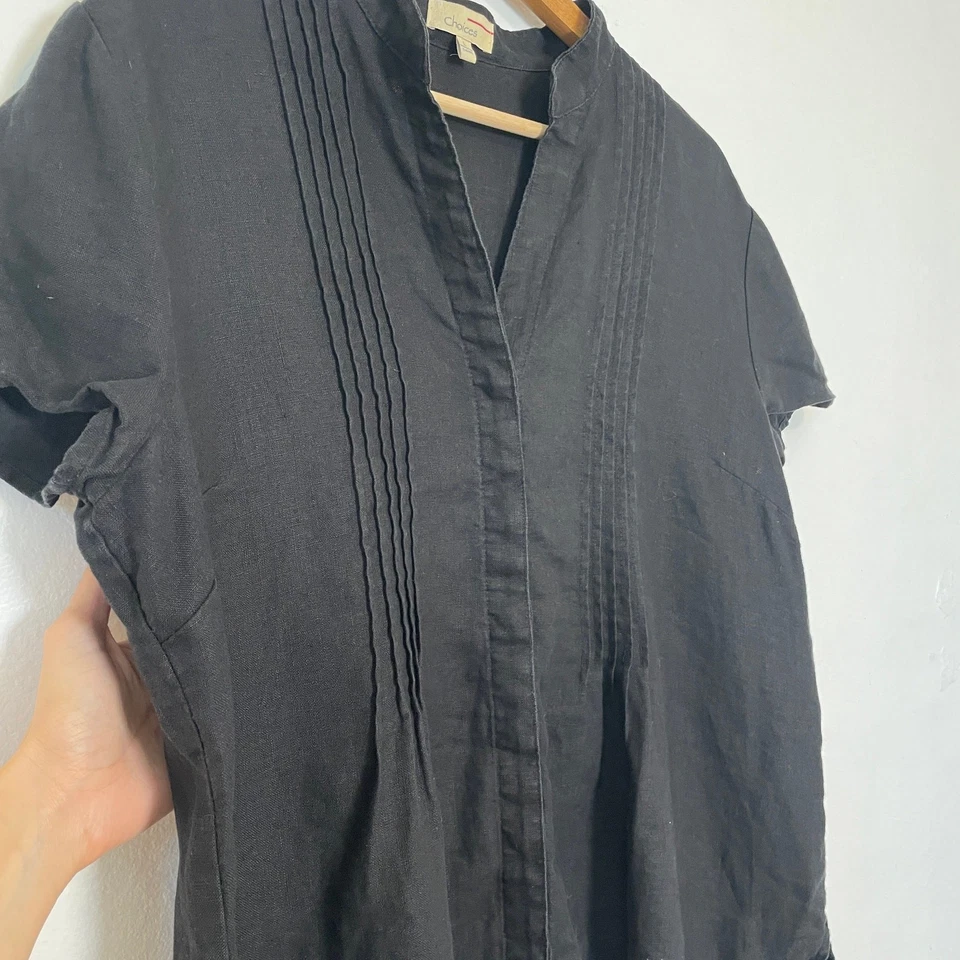 复古-黑色打褶纽扣短袖亚麻衬衫 L 码 — 第 2/4 张图片