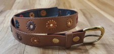 Boho Colorful Flower Tooled Belt Size Small 28-32 Brass Buckle Brown Hippy Y2K