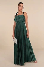 Lulus Gorgeous Purpose Satin Pleated Sleeveless Bow Maxi Dress Green L