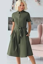 Green Button Up Tied Waist Short Sleeve Shirt Dress L