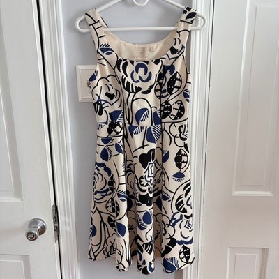 Vanessa Virginia Women 0 Fit Flare Dress Cream Navy Blue Abstract Floral Mini