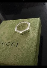 Gucci Trademark Sterling Silver Engraved Logo Hexagon Ring Size 20 (S)