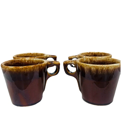 Hull USA Brown Drip Glaze Pottery Oven Proof Coffee Mug Cup Vintage Set of 4