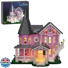 Pink Palace House Building Set with Lights, Halloween Haunted House Blocks To