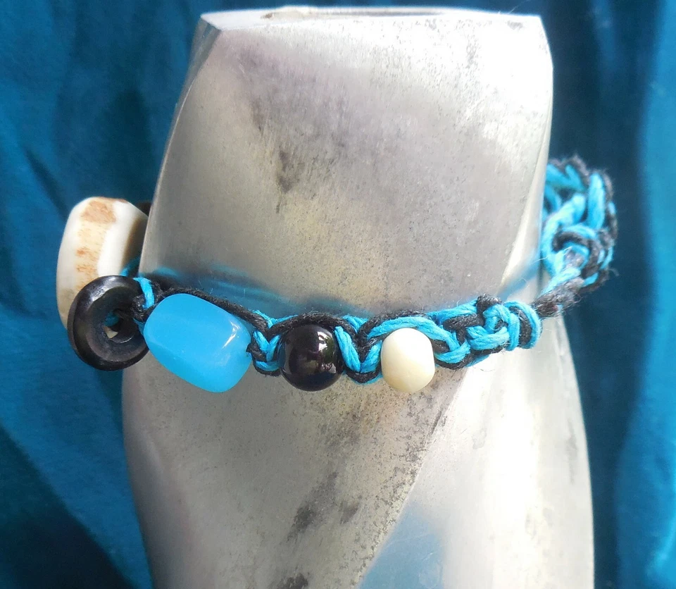 Blue Abalone Shell Antler Adjustable Hemp Bracelet Anklet w/ Rainbow Quartz Onyx - Image 3 of 4