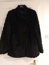 Dennis Basso Oversized Black Funnel Neck Faux Fur Coat M