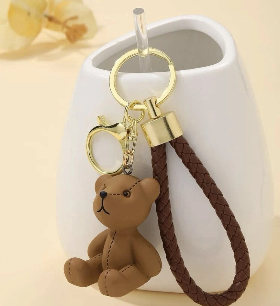 Adorable Brown Teddy Bear Keychain Faux Leather Rope Design