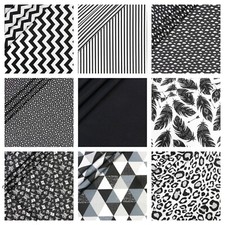 NEW BLACK&WHITE 100% COTTON FABRIC per metre, CHEVRON, POLKA, STRIPES, FEATHERS