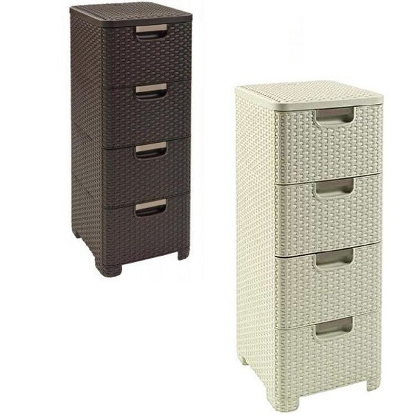Cómoda Cajonera Organizador 4 Cajones de Plástico Efecto Mimbre Almacenamiento